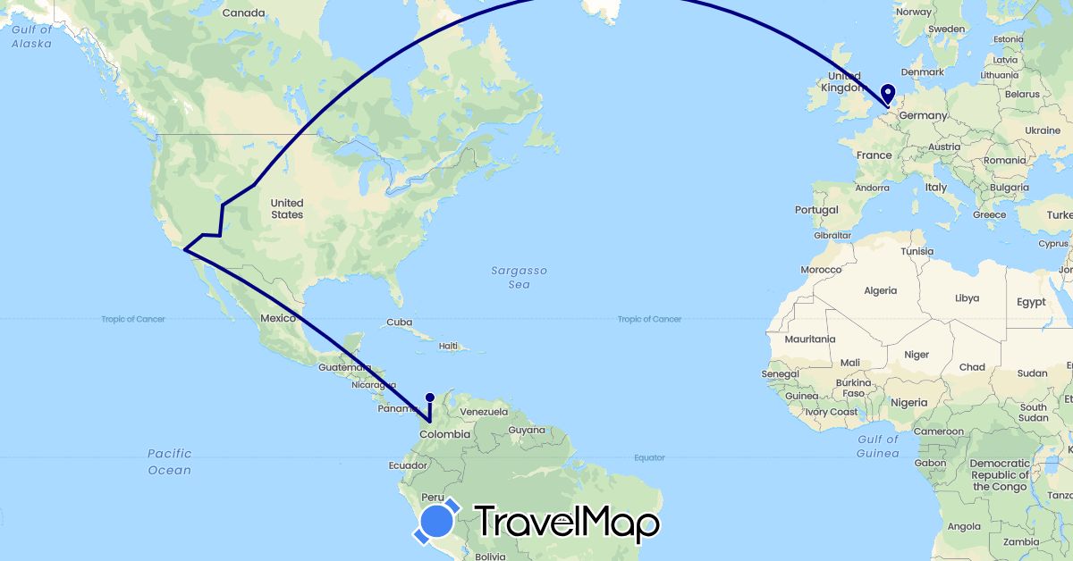 TravelMap itinerary: driving in Colombia, Netherlands, United States (Europe, North America, South America)